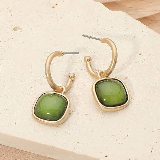 Square Stone Drop Hoop Earrings