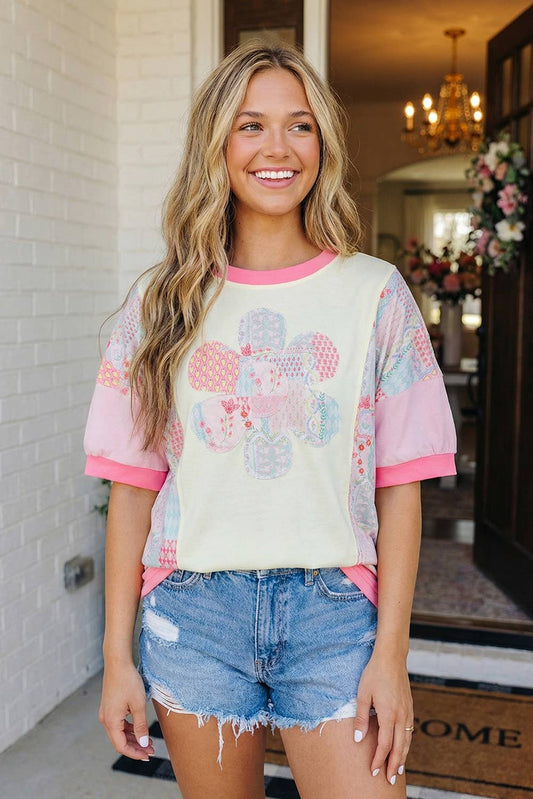 MDB Collection Color Block Floral Patchwork Flower Relaxed Top