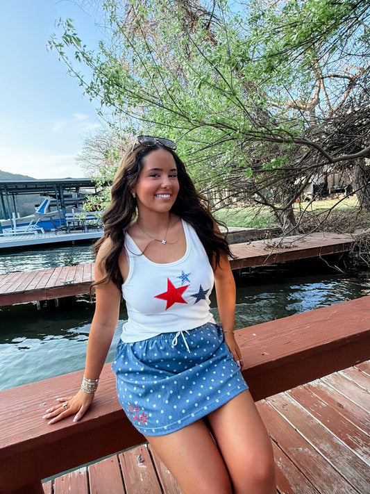 PRESLEY STRETCH DENIM SKIRT: POLKA DOT