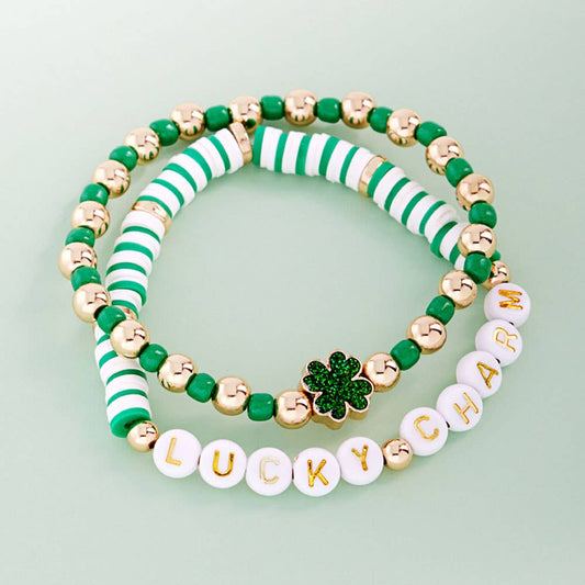St Patricks Day LUCK CHARM Message Shamrock Heishi Beaded Stretch Multi Layered Bracelets