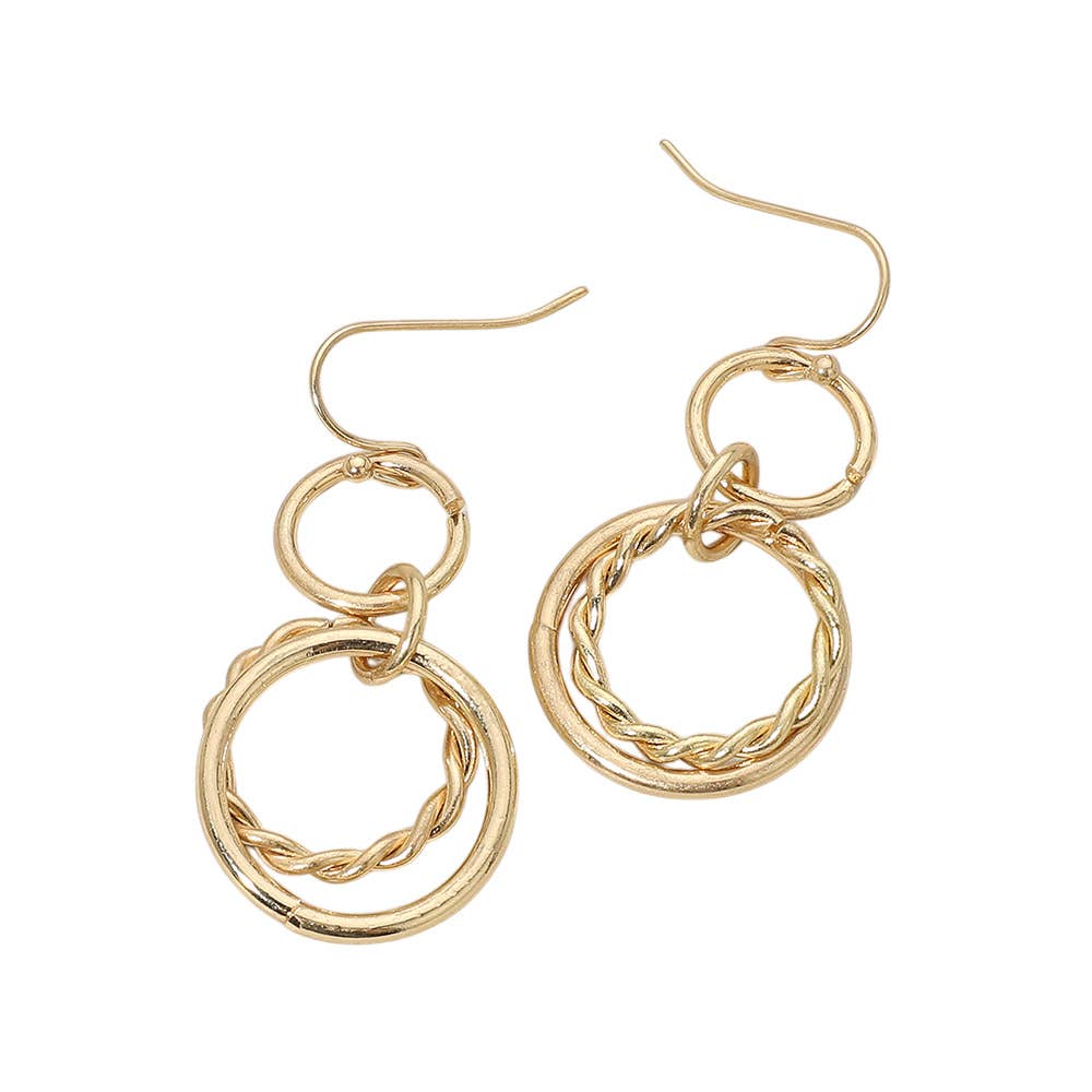 Twisted Metal Double Circle Link Drop Earrings: Worn Gold