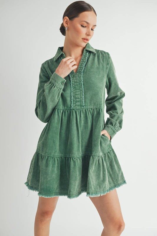 Mineral Wash Corduroy Tiered Dress