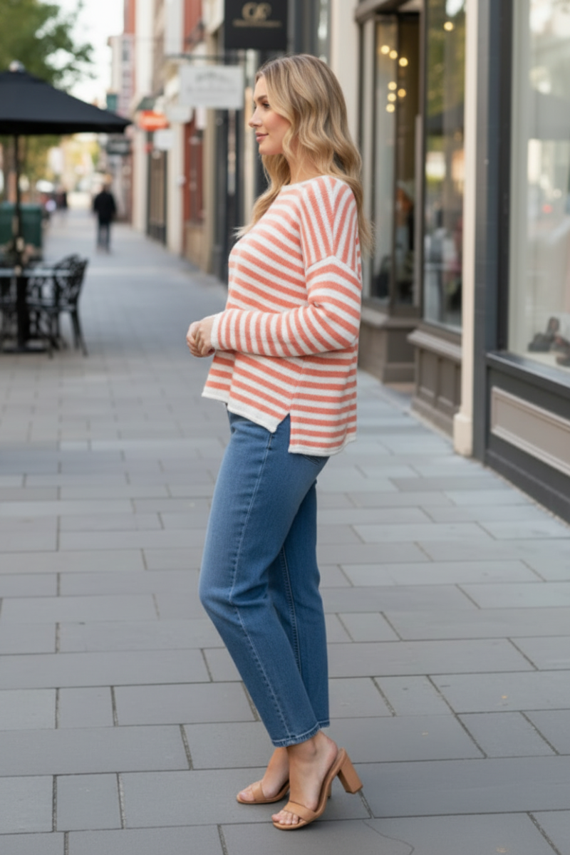 STRIPE ROUND NECK LONG SLEEVE TOP
