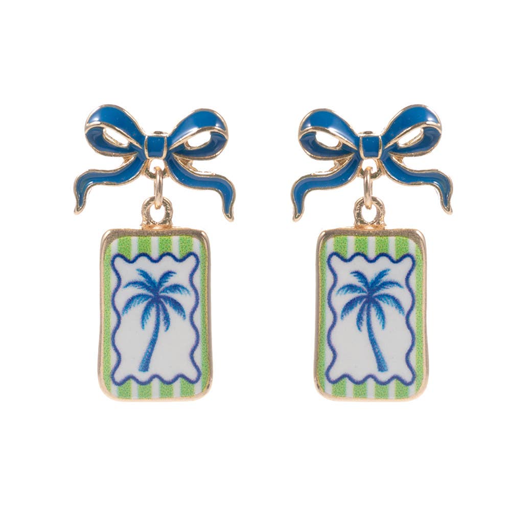 Bow Palm Tree Print Square Frame Drop Earrings