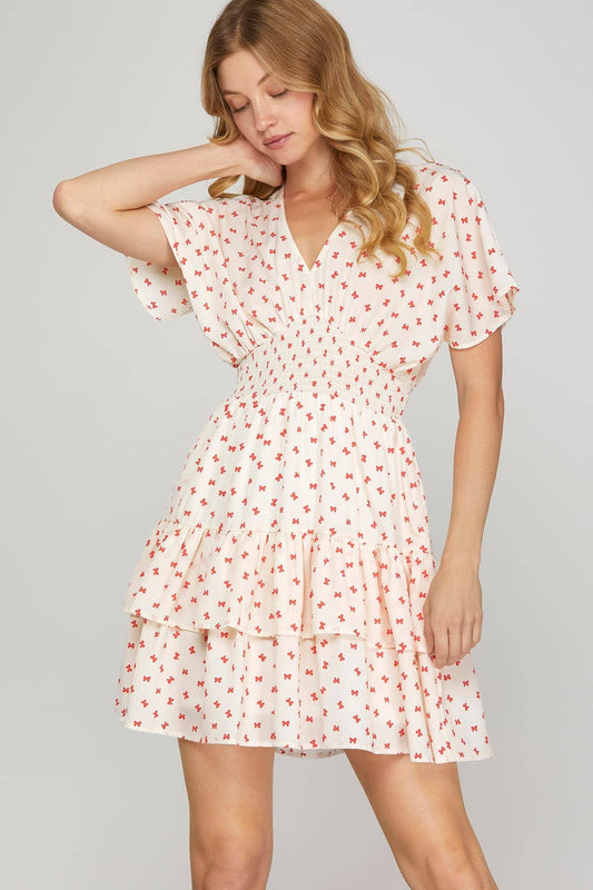 MINI BOW PRINT WAIST SMOCKING MINI DRESS