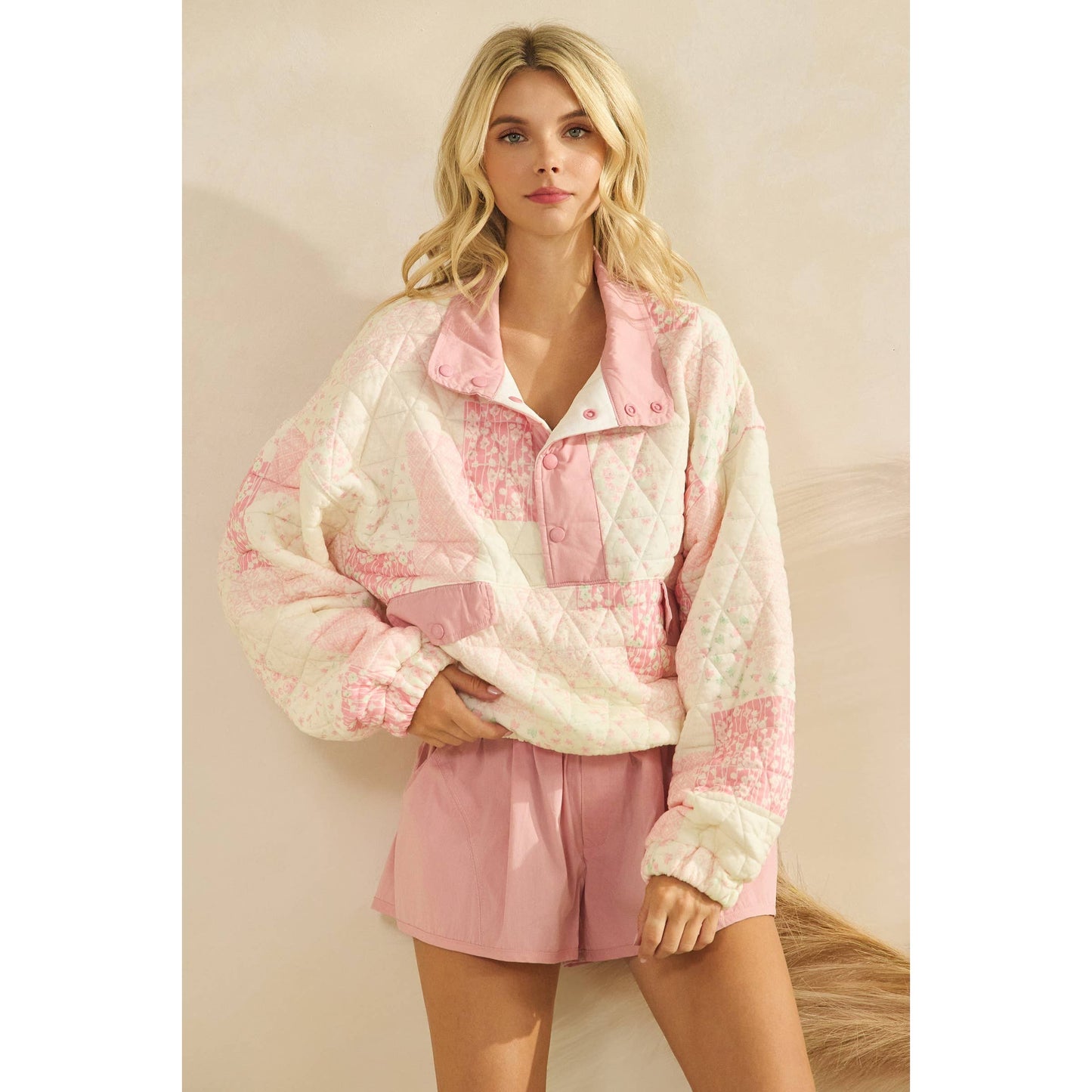 Quilted Contrast printed Quarter Button Sweatshirt