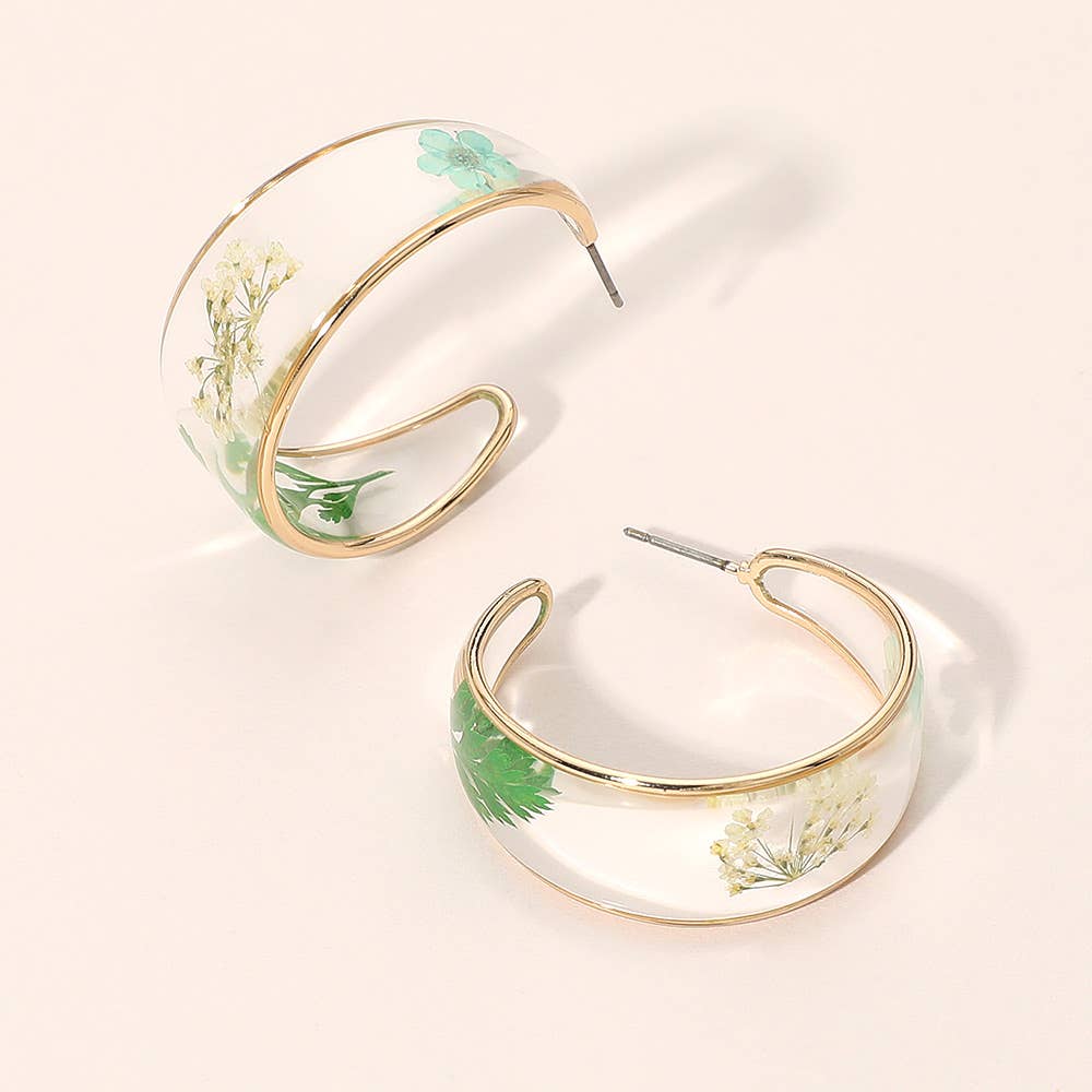 Botanical Floral Encased Hoop Earrings: Gold,Green