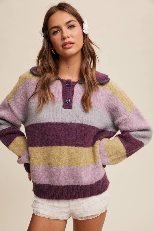 Striped Fuzzy Polo Sweater Redbean Multi
