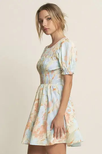 LT. BLUE PUFF SLEEVES SMOCKING WAIST MINI DRESS