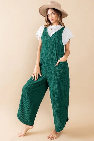 FOREST GREEN TEXTURED KNIT SLEEVELESS JUMPSUIT