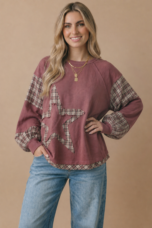 Plaid Contrast Oversized Fit Star Top