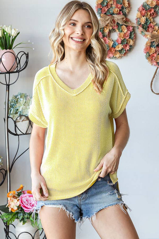 Plus V-Neck Twist Rib Knit Top: Citron