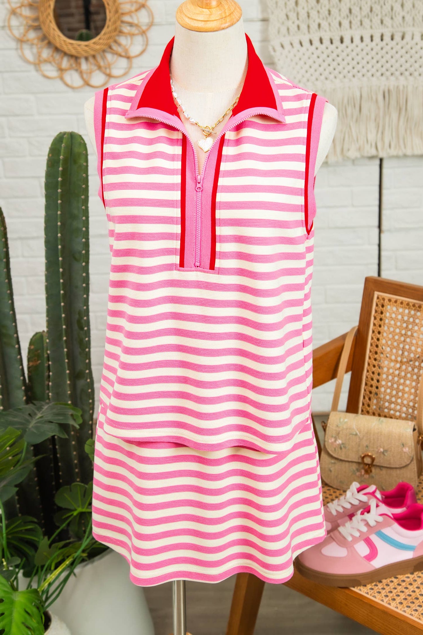 MDB Striped Sleeveless Polo and Skort Two-Piece Set