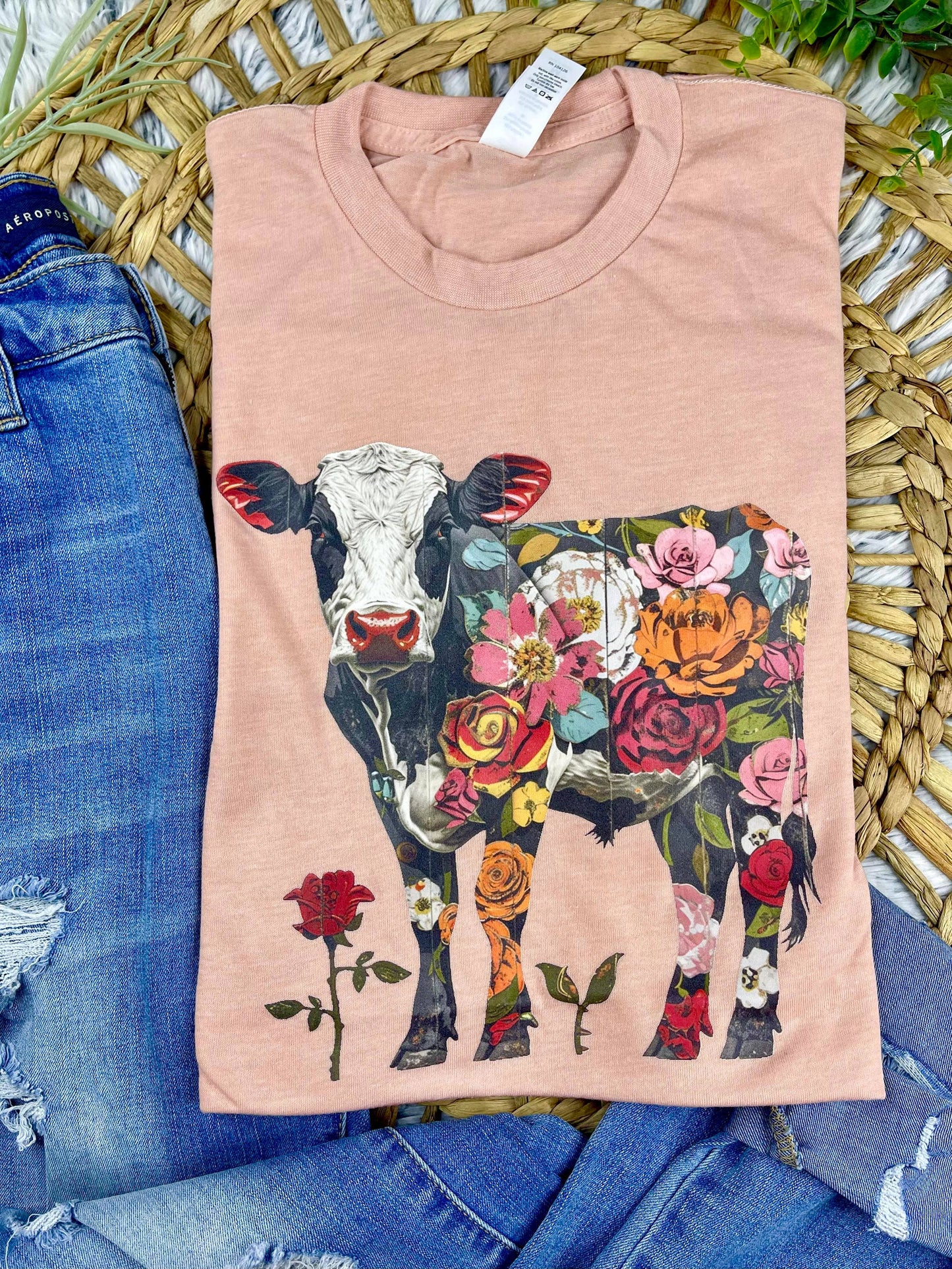 Floral Cow Peach Graphic Tee