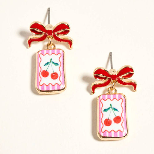 Bow Cherry Print Rectangle Frame Drop Earrings: Pink,Red