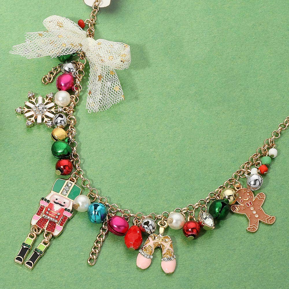 Christmas Nutcracker Snowflake Gingerbread Man Bow Charm Embellished Necklace