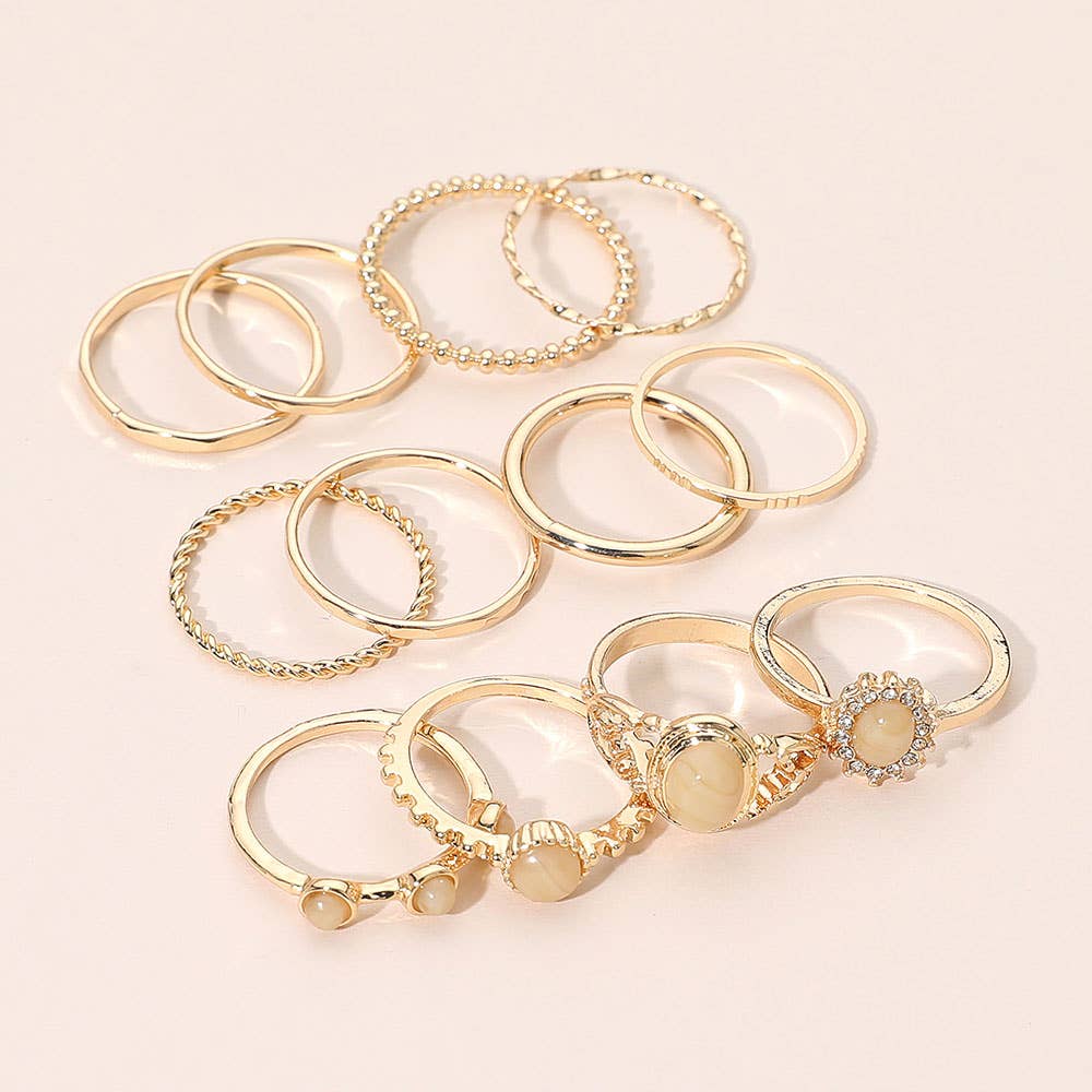 12PCS - Assorted Stacking Ring Set: Gold,Pink