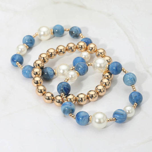 3PCS - Round Pearl Mixed Beaded Stretch Multi Layered Bracelets: Blue,Gold