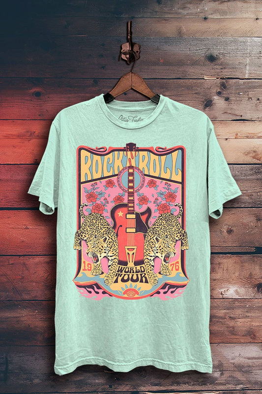 Rock Roll World Tour Leopard Graphic Tee/ Mint Mineral Wash