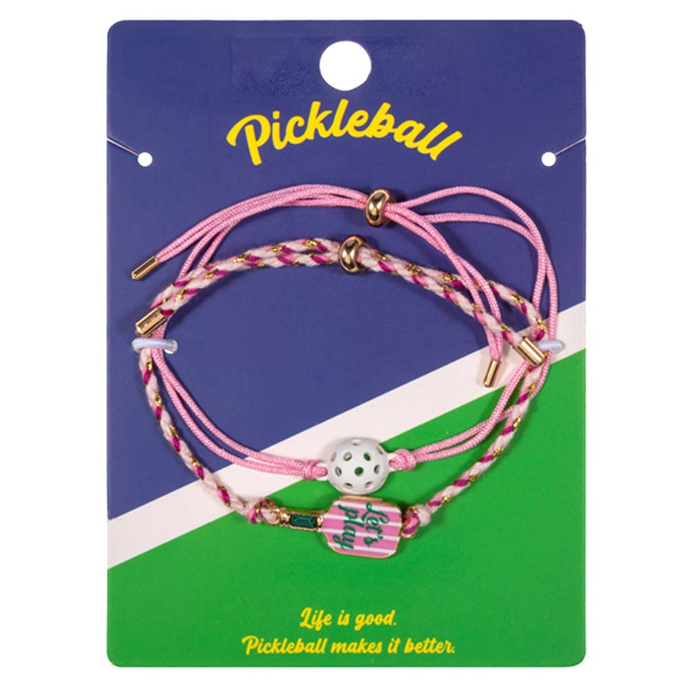 2PCS - LETS PLAY Pickleball Paddle Ball Accent Adjustable Cinch Pull Tie Bracelets