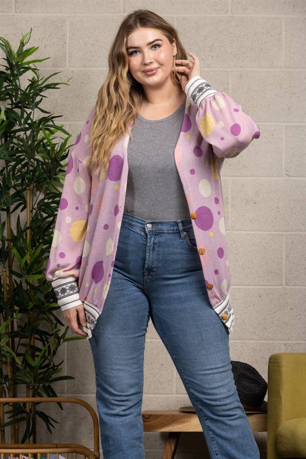 PLUS SWEET POLKA DOTS PRINT RIB STITCH BUTTON CARDIGAN