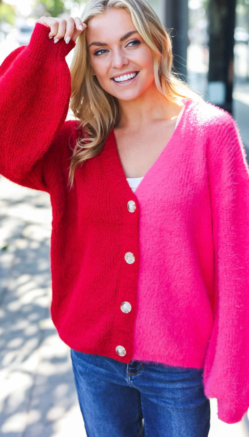 Hot Pink and Ruby Split Sweater Cardigan