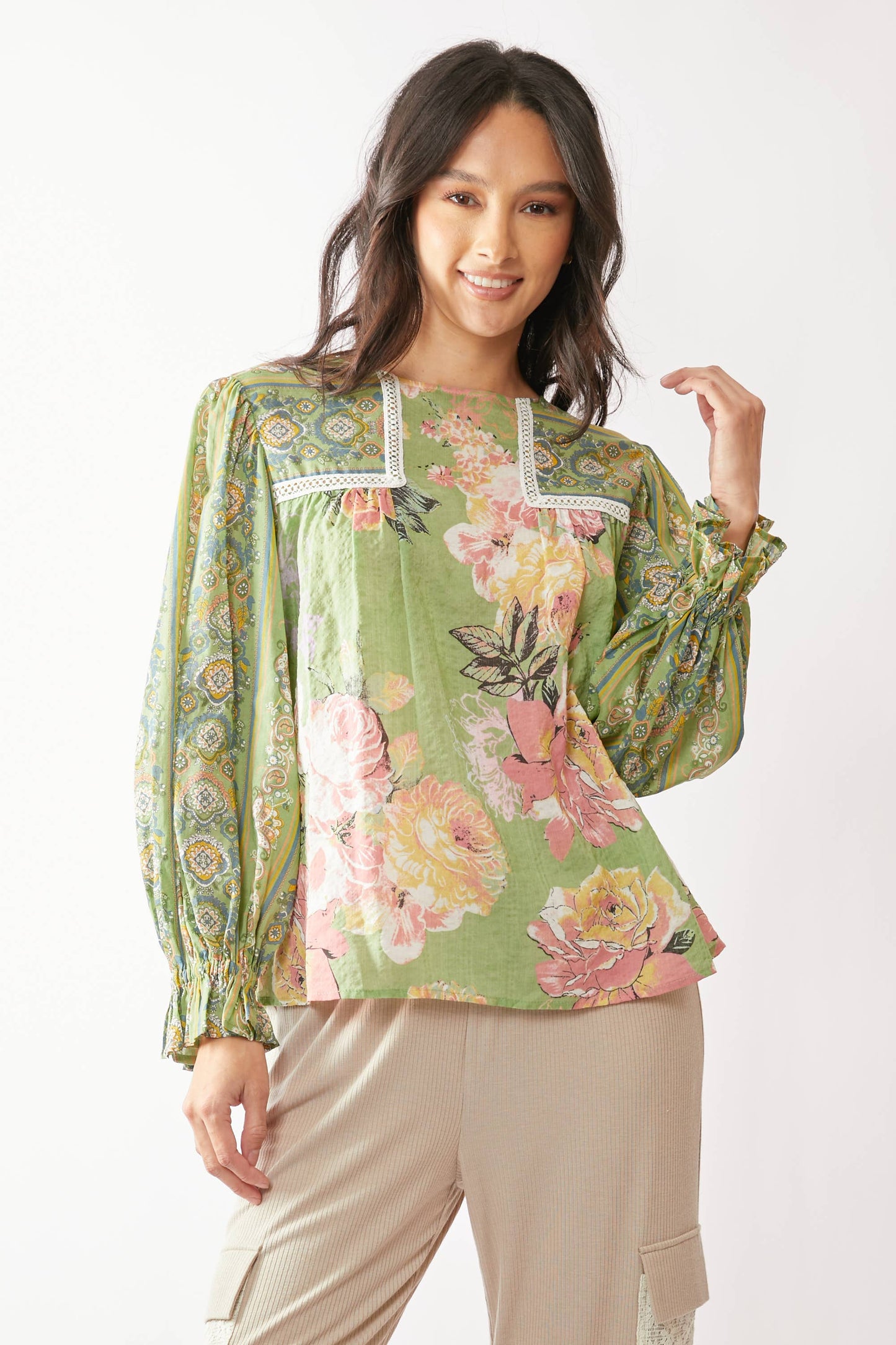 FLOWER BOHO STRIPE PEASANT BABYDOLL TOP