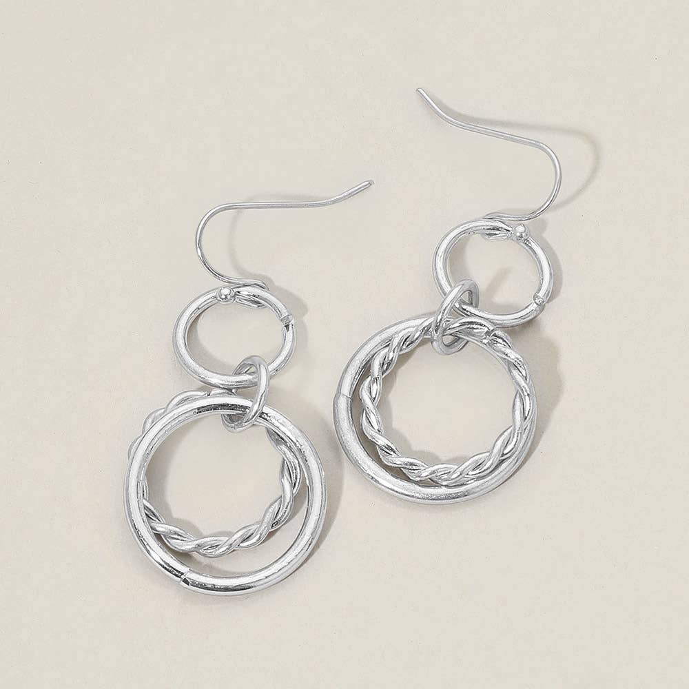 Twisted Metal Double Circle Link Drop Earrings: Worn Gold