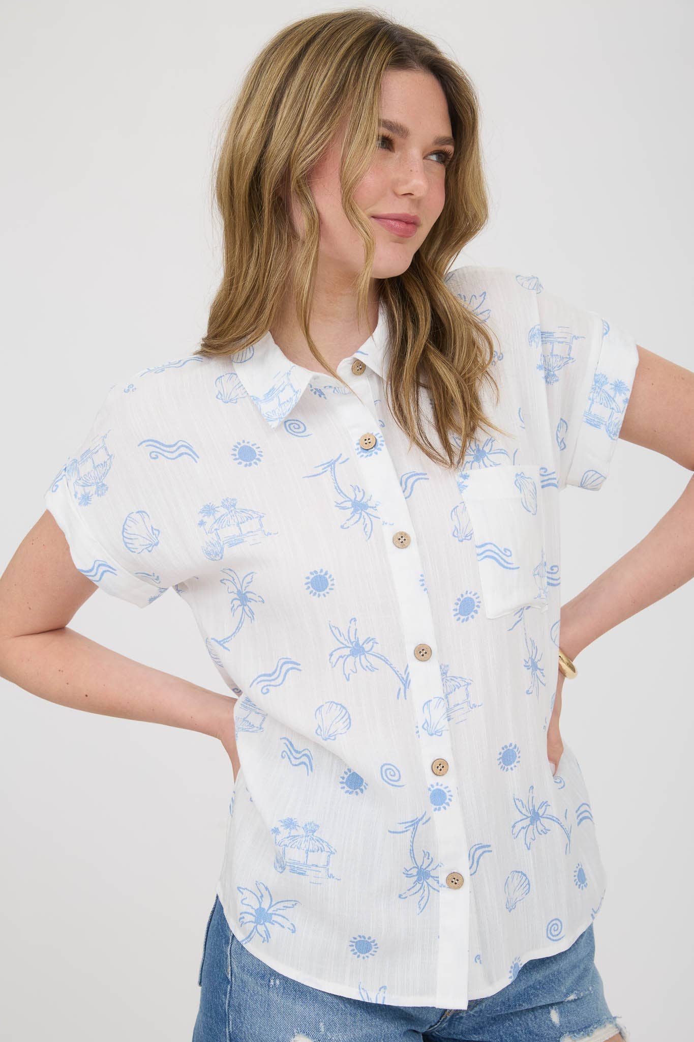 SUMMER PRINT COLLARED SHORT SLEEVE SHIRT: LIGHT BLUE