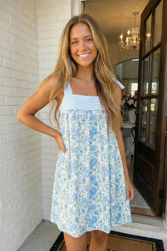 MDB Collection Floral Stripe Patchwork Bow Knot Strap Mini Dress
