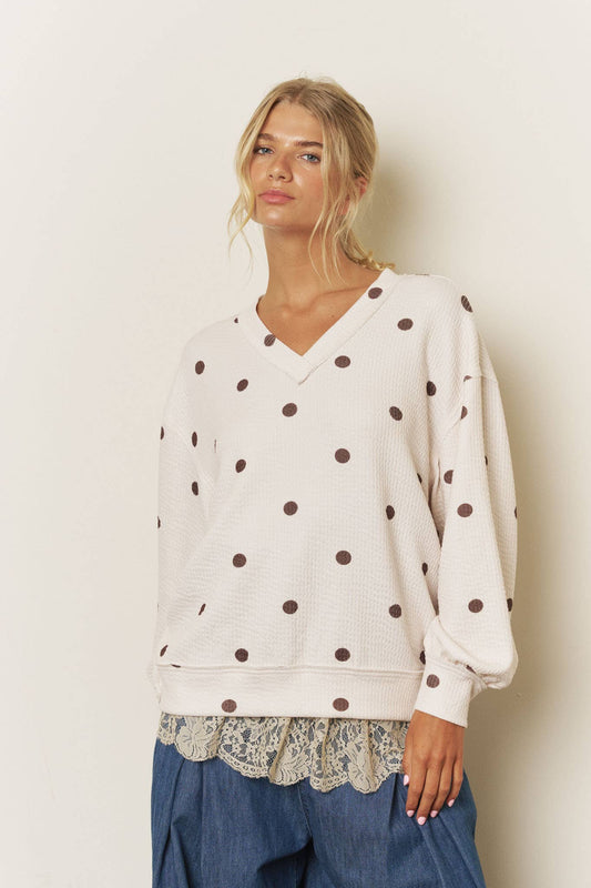 POLKA DOT LONG SLEEVE TEXTURED KNIT TOP