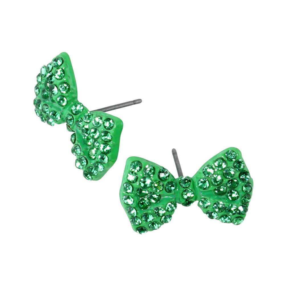 Crystal Rhinestone Bow Stud Earrings: Peridot