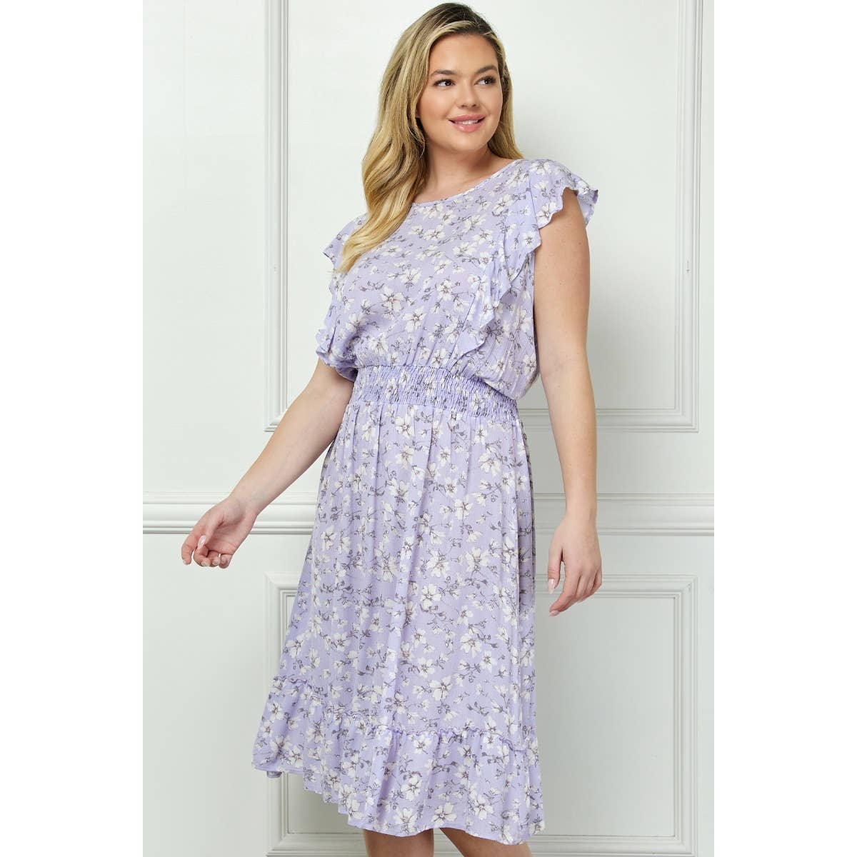 Plus Size Vintage Floral Flutter Midi Dress: Lilac
