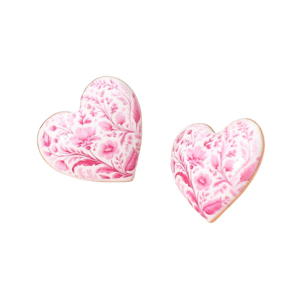Floral Heart Stud Earrings: Pink