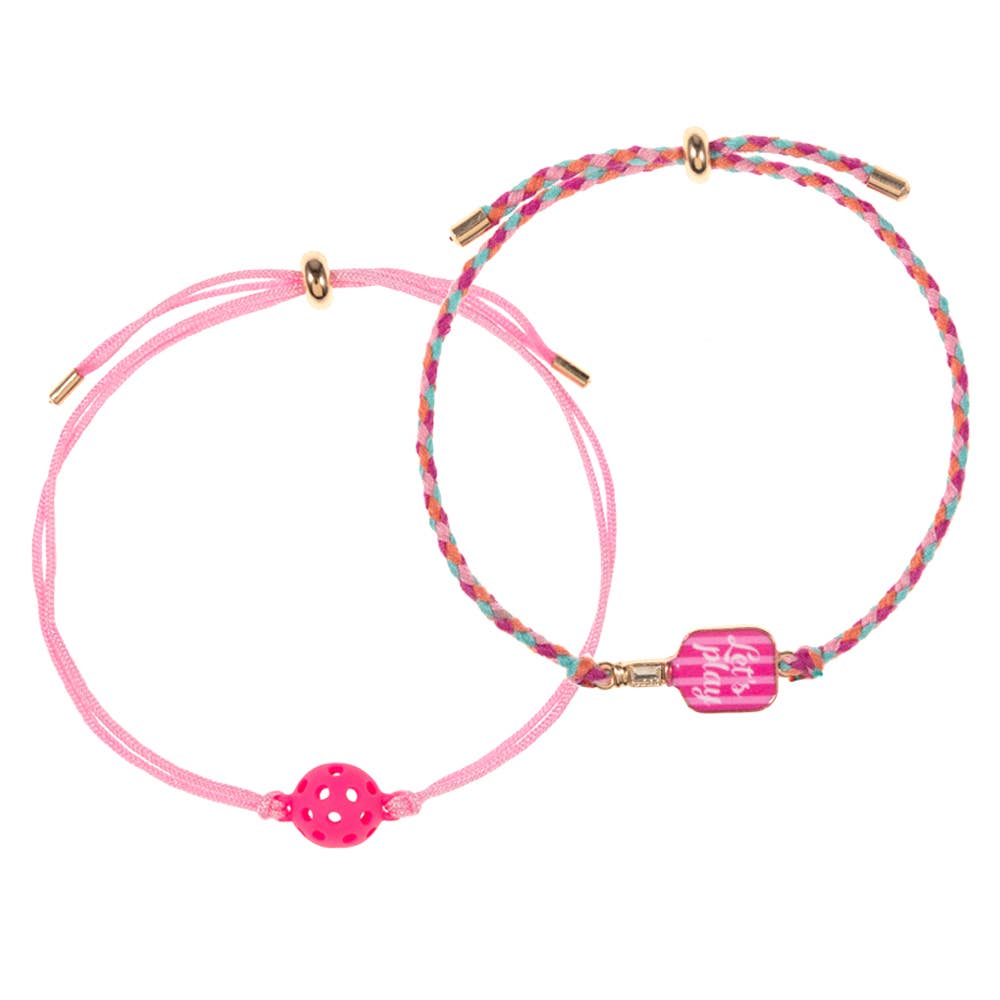 2PCS - LETS PLAY Pickleball Paddle Ball Accent Adjustable Cinch Pull Tie Bracelets