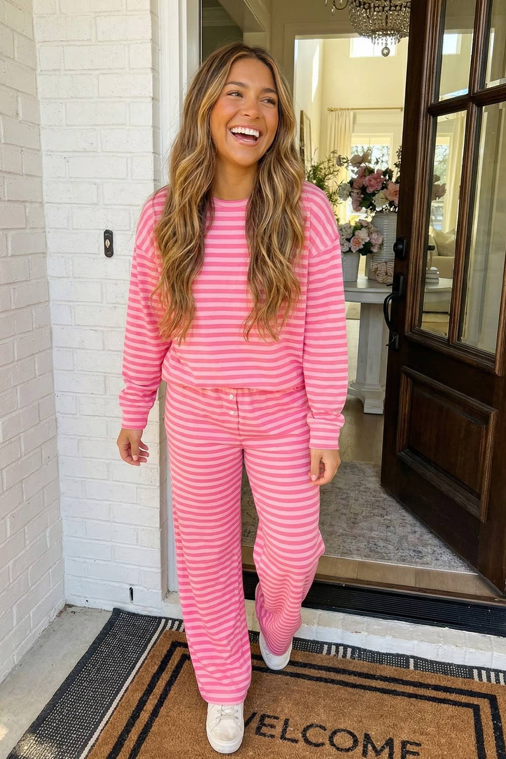 MDB Two Tone Pink Stripe Top and Buttoned Straight Pants Pants Set