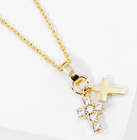 Gold Dipped CZ Stone Paved Double Cross Pendant Necklace