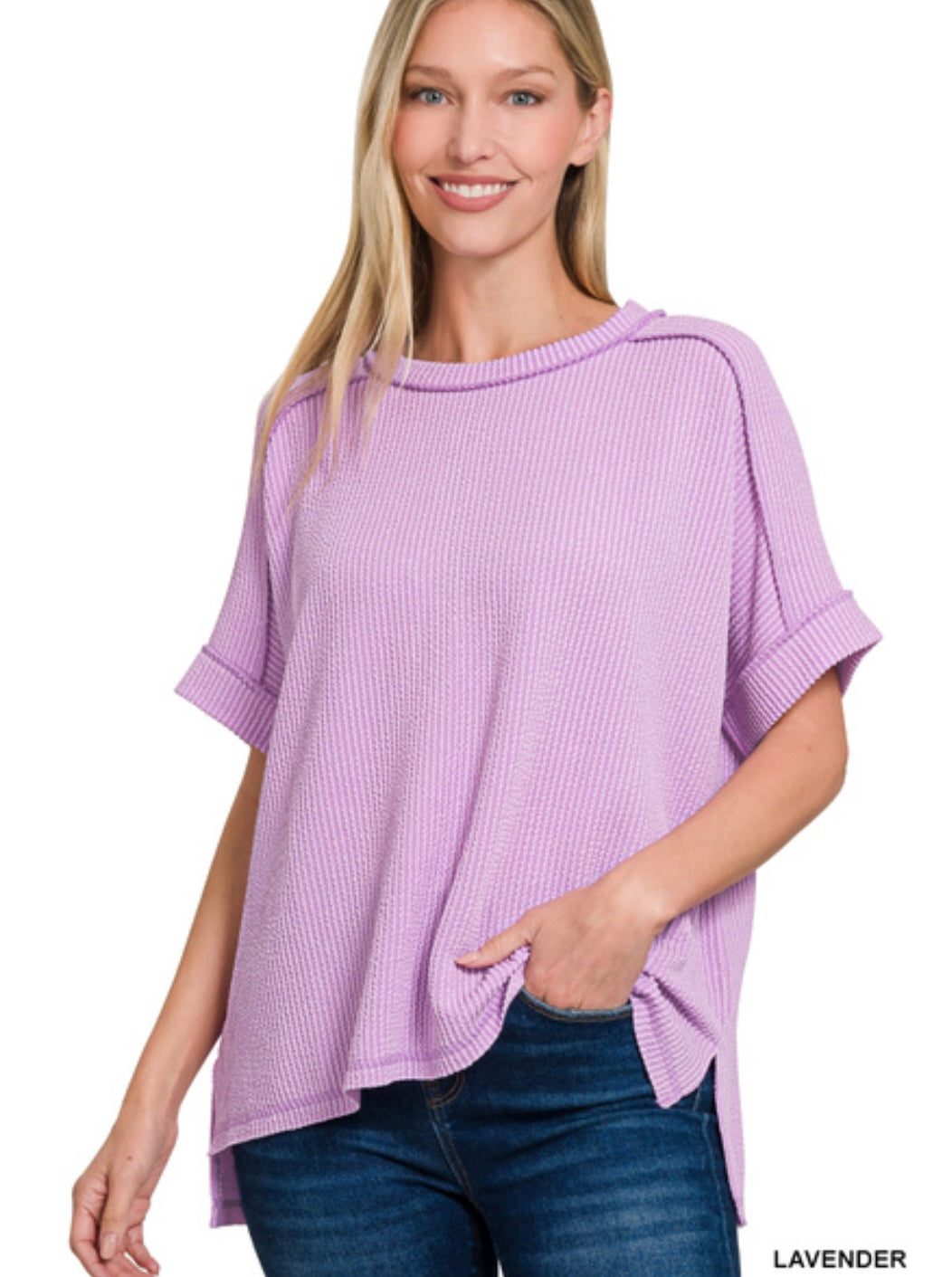 CORDED RIB CUFF SLEEVE RAW EDGE TOP