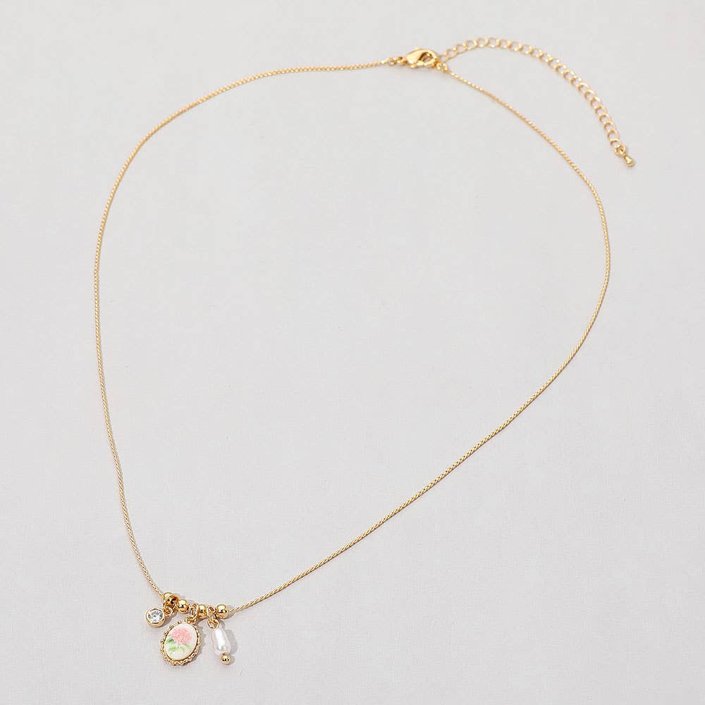 18K Gold Dipped Floral Pearl Stone Bezel Charm Pendant Necklace