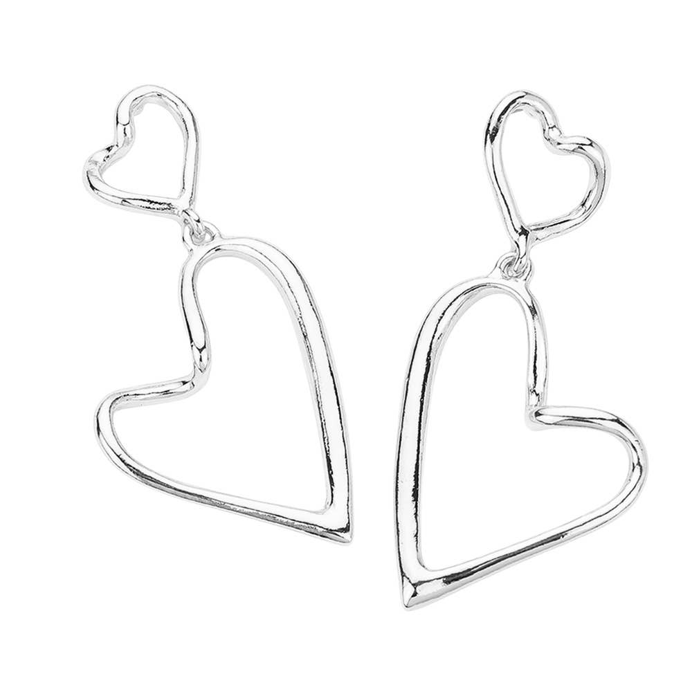 Double Hammered Metal Open Heart Dangle Earrings