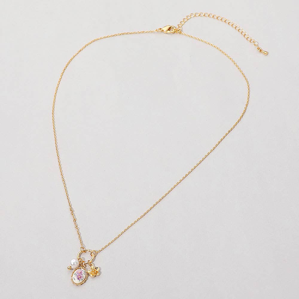 18K Gold Dipped Floral Pearl Charm Pendant Necklace
