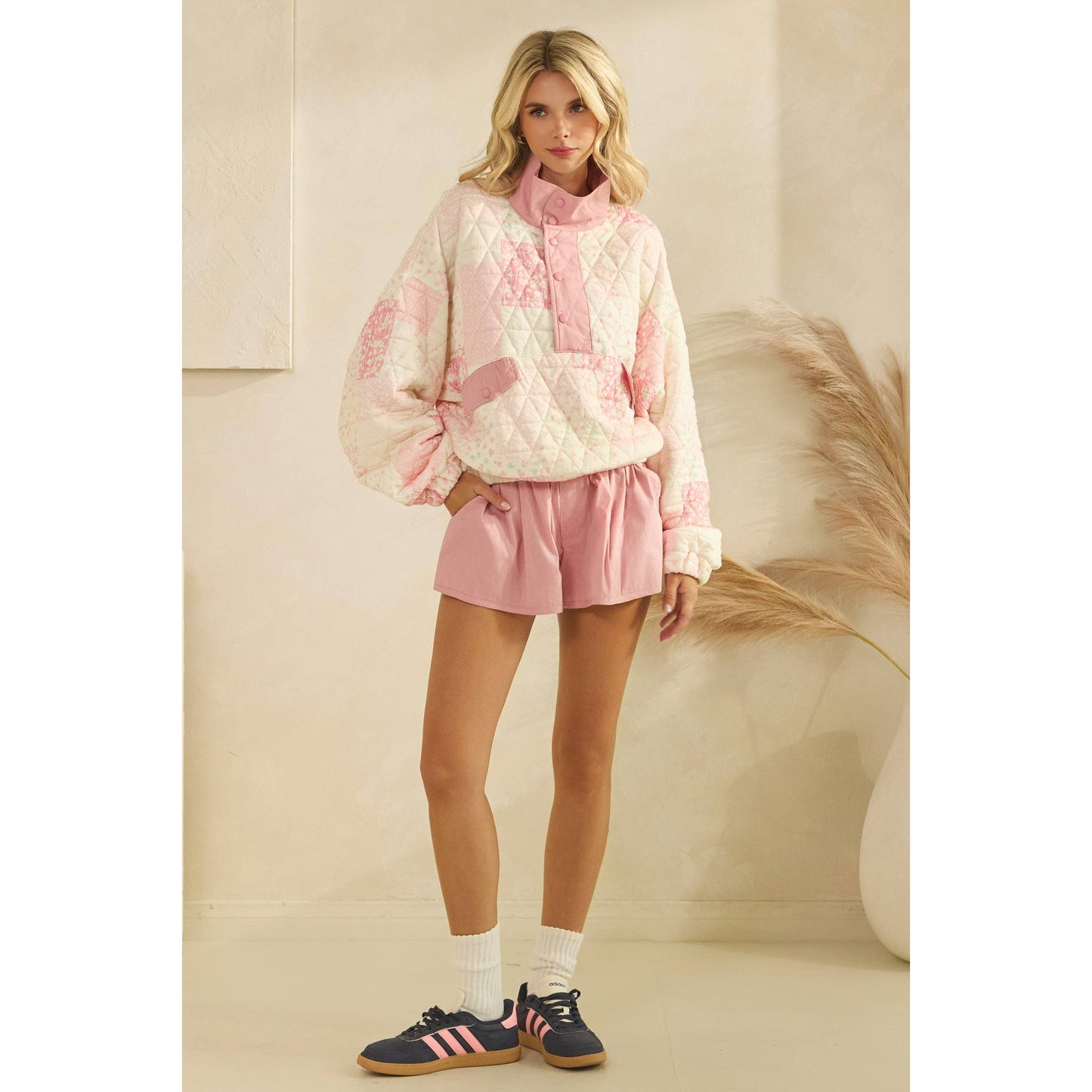 Quilted Contrast printed Quarter Button Sweatshirt