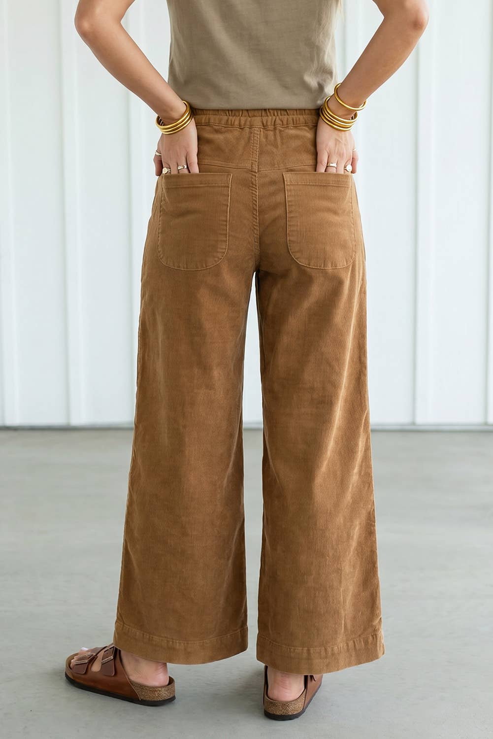 LAS Wooden Button Elastic Waist Wide Leg Pants (S-XL): Thai Curry / S
