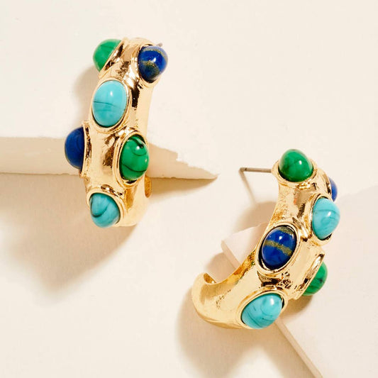 Oval Stone Embellished Chunky Hoop Earrings: Turquoise