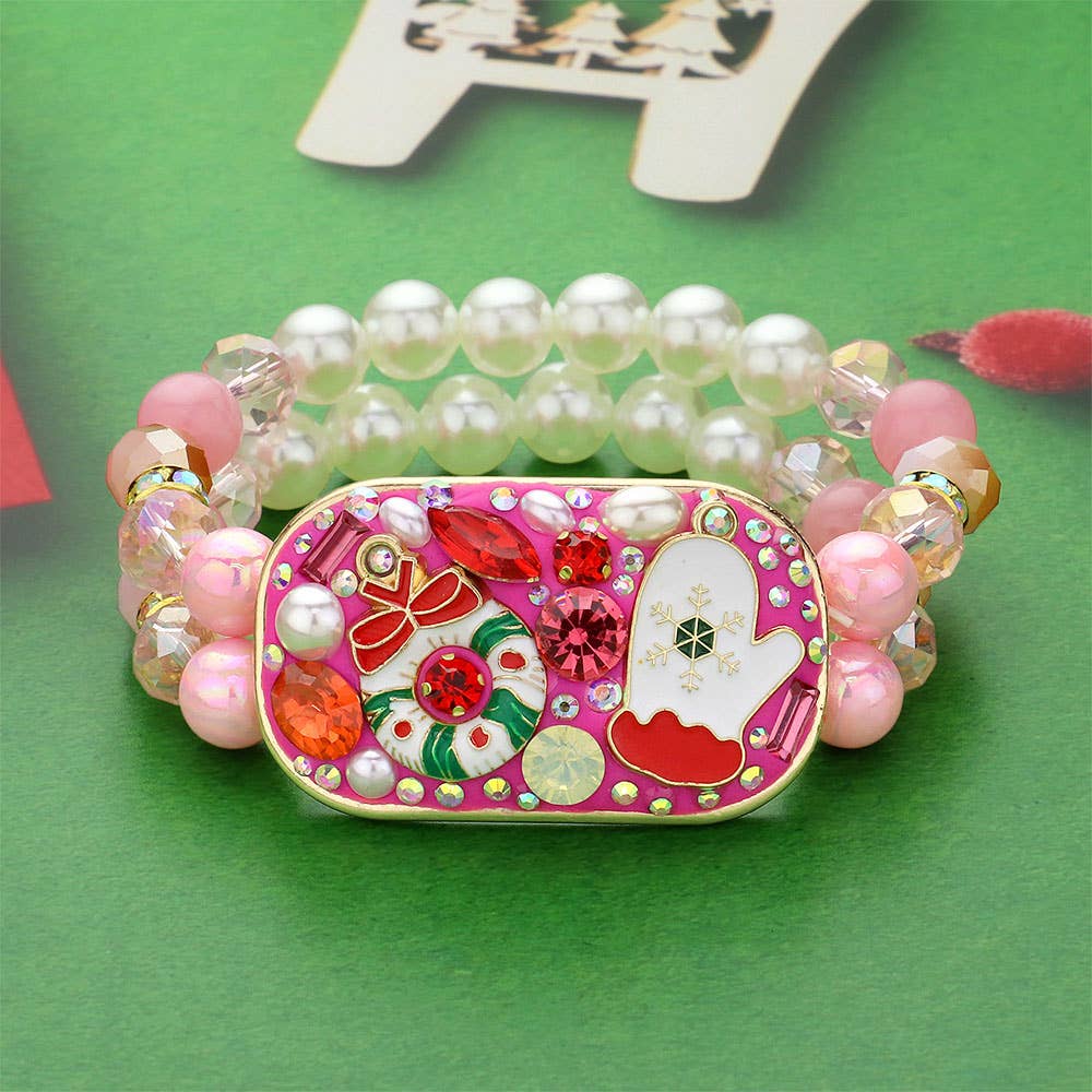 Christmas Plate Pointed Pearl Beaded Stretch Bracelet
