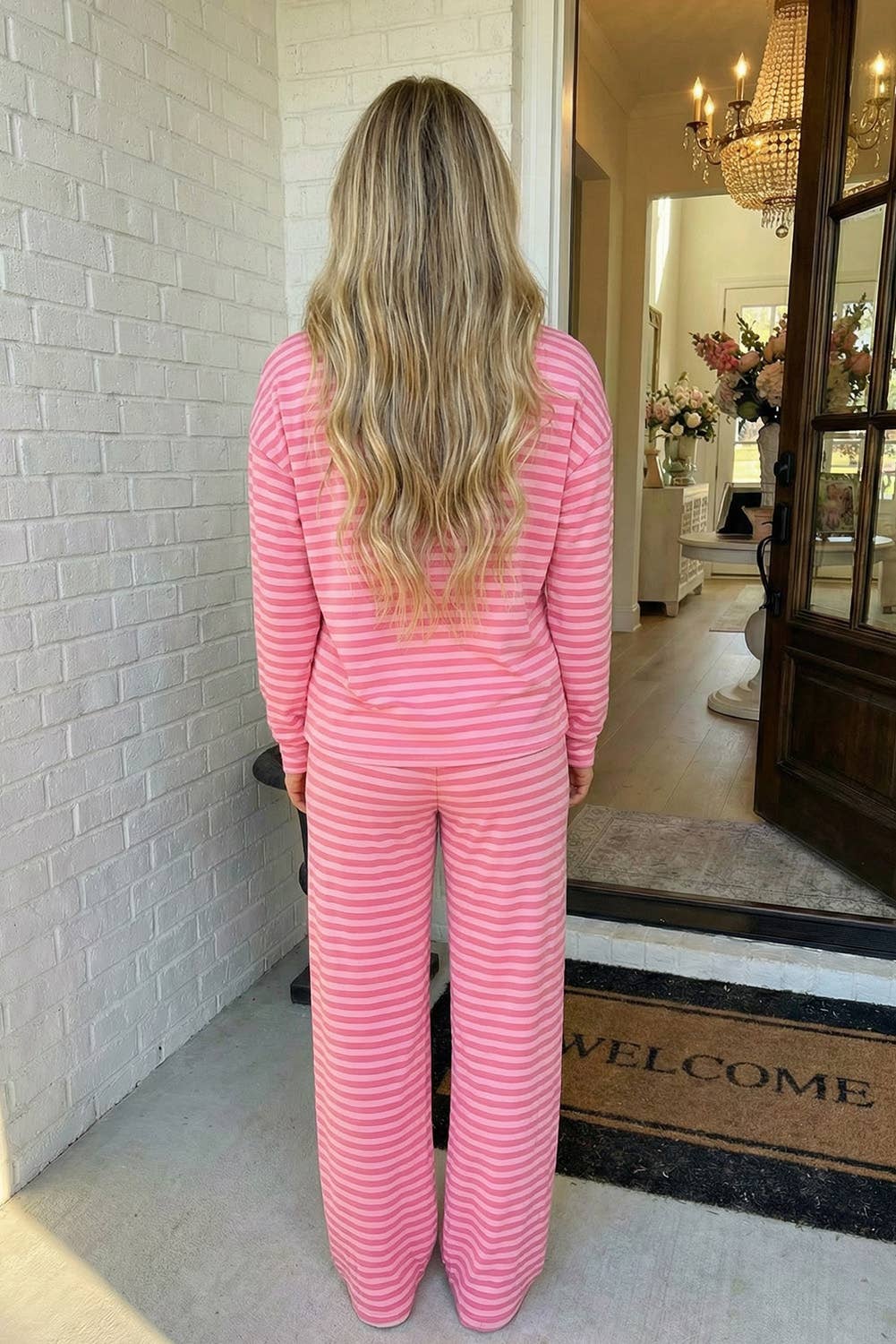 MDB Two Tone Pink Stripe Top and Buttoned Straight Pants Pants Set