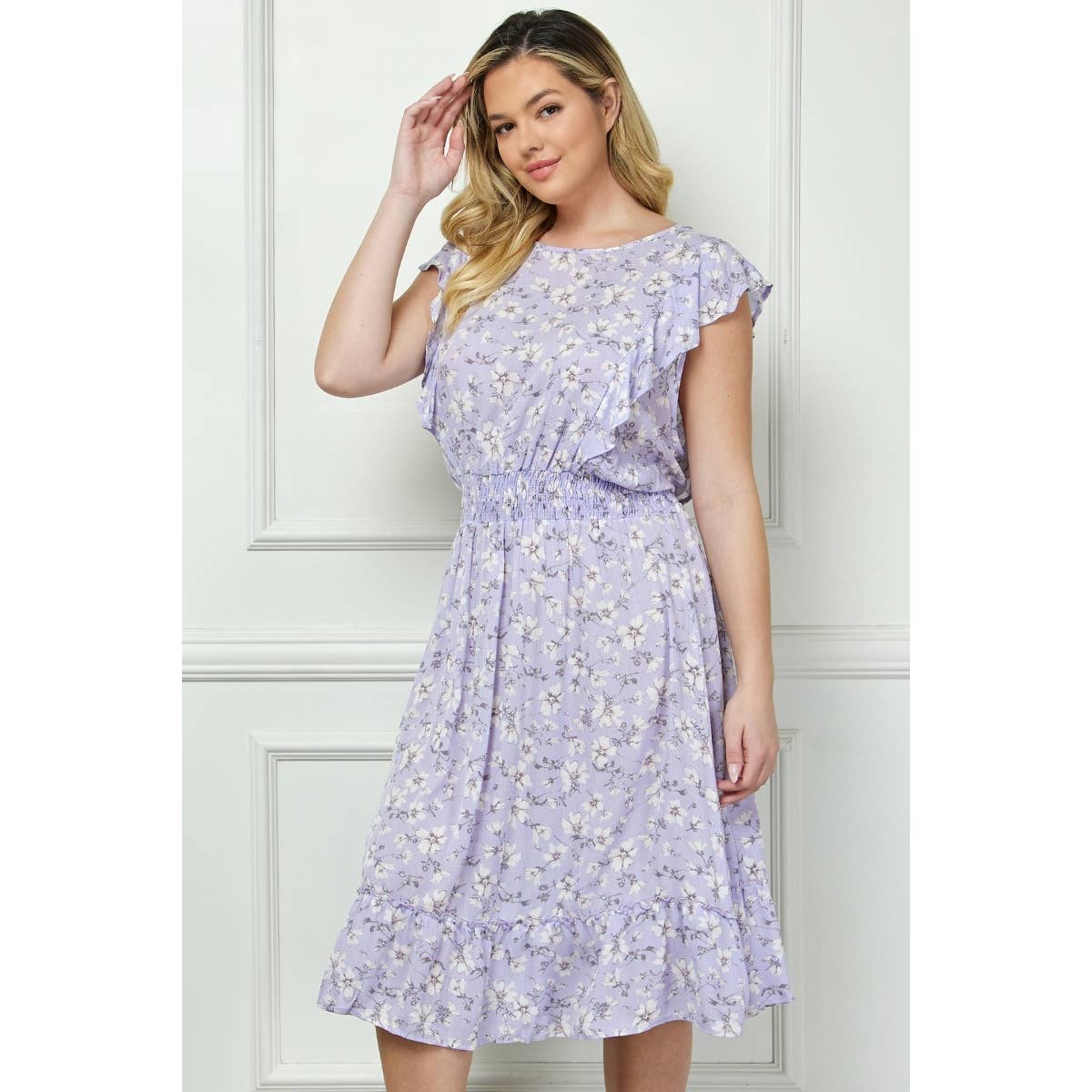Plus Size Vintage Floral Flutter Midi Dress: Lilac