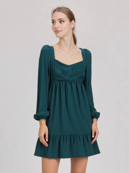 Bust Pleated Backless Mini Dress: FOREST