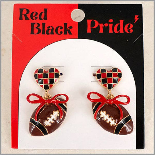 Red and Black Color Coated Heart with Bow & Football Gameday Stud 1.5" Earring