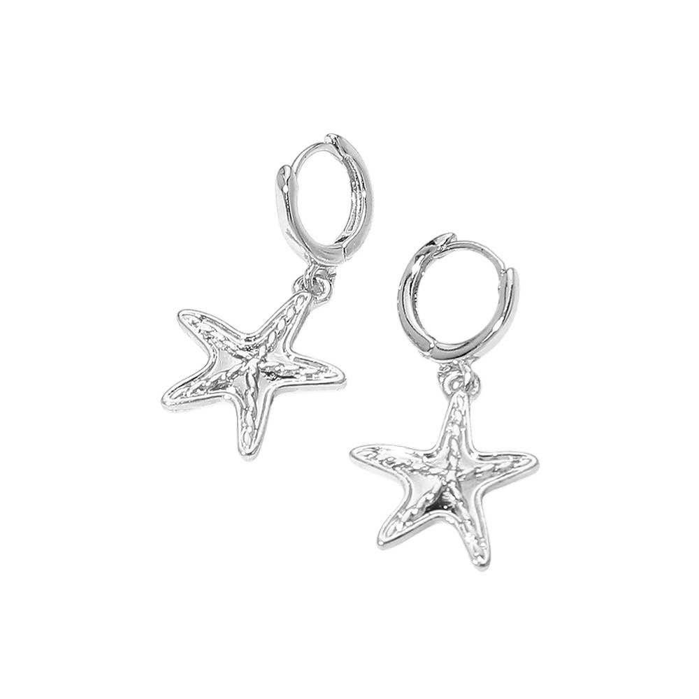 Starfish Charm Drop Huggie Hoop Earrings: Rhodium